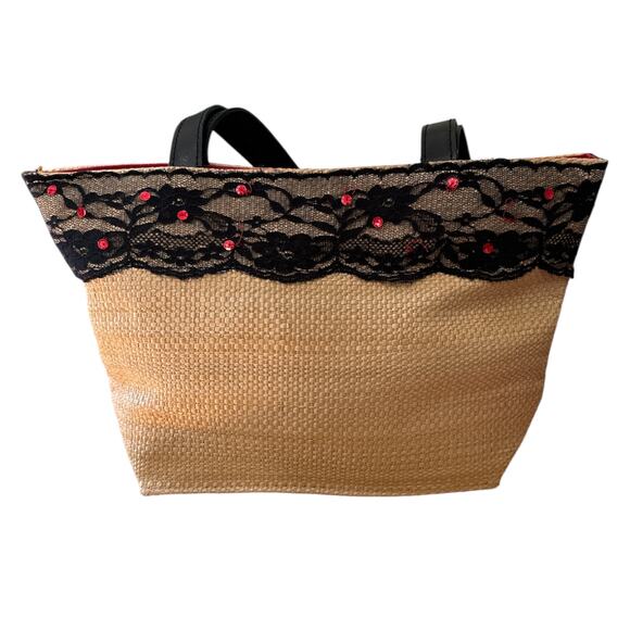 Victoria Secret Small Purse Lace Detail with Sequins Woven Straw Tan Vintage 90s - Picture 2 of 3